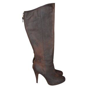 Cynthia Vincent Brown Suede Heeled Knee High Boots Womens Size 7.5 Gold Interior